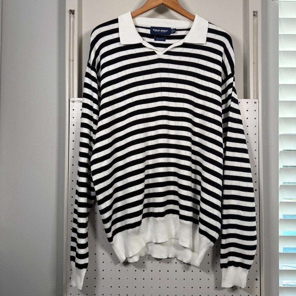 Polo Golf Ralph Lauren Knit Sweater White Black Striped Collared Pullover - XL